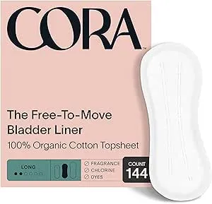 Cora Ultra Thin Organic Bladder Liners | Incontinence & Postpartum Pads for Women | Panty Liners for Bladder Leaks | Breathable Cotton (144 Long