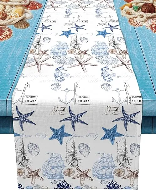 Undersea Starfish Shell And Seahorse Table Runner Dresser Scarveslinen Burlap Ta