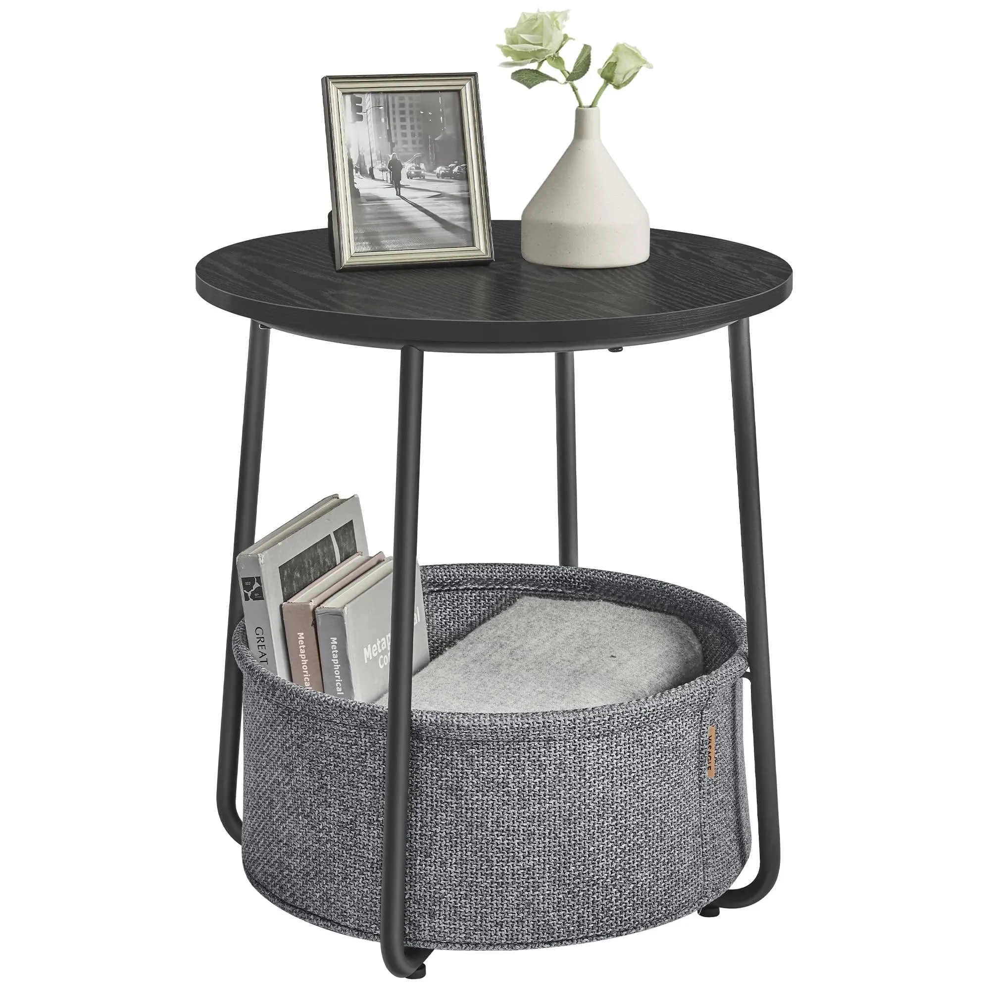 VASAGLE Small Round Side End Table, Modern Nightstand with Fabric Basket, Ebony Black and Slate Gray ULET223B01