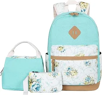 Bluboon Canvas School Backpack Set 3 Pieces Lightweight Teen Girls Bookbags Insulated Lunch Bag Pencil Case (Water Green-Flower)