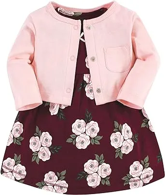 Hudson Baby Girls Cotton Dress and Cardigan Set, Burgundy Floral, 5 Toddler