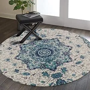 Lahome Collection Traditional Vintage Floral Round Area Rug - 3' Diameter Non-Slip Medallion Vintage Area Rug Small Accent Distressed Throw Rugs Floor Carpet for Entryway Bedrooms (3' Diameter, Blue)