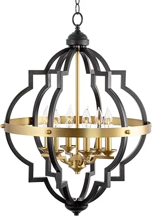 Kira Home Capistrano 28" 6-Light Rustic Farmhouse Chandelier, Warm Brass + Black Finish