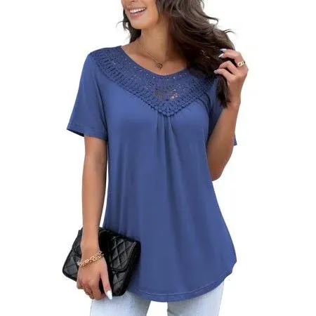 FOLUNSI Women's Plus Size Summer Tops Short Sleeve Lace Pleated Blouses Tunic Tops M-4XL