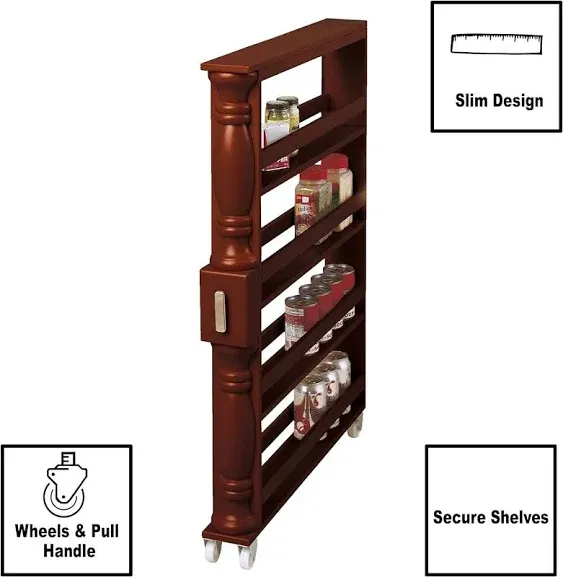 Slim Spice Can Rack Rolling Cart Wooden Space Saver &amp; Storage Kitchen Organizer