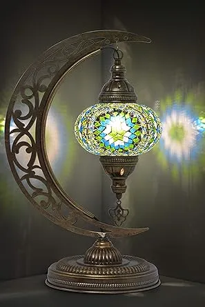 mozaist Turkish Lamp, Unique Lamps, Moon Shaped Mosaic Table Lamp, Moroccan Handmade Antique Bohemian Vintage Lamp Shade, Tiffany Desk Bedside Stained Glass Lamp with US Plug and E12 Socket