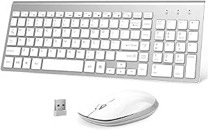 Wireless Keyboard and Mouse Combo, FENIFOX USB Slim 2.4G Full Size Ergonomic Compact with Number Pad for Laptop Mac PC Computer Windows -Silver White