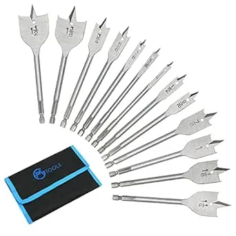 13 Piece Spade Drill Bit Sets, Paddle Flat Bit for Hole Cutter Woodworking, 1/4" to 1-1/2", Carbon Steel Paddle Flat Bit with Quick Change Shank, Nylon Storage Pouch Included