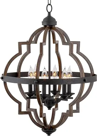 Kira Home Capistrano 28" 6-Light Rustic Farmhouse Chandelier, Wood Style Metal Frame, Textured Black Accents + Walnut Finish