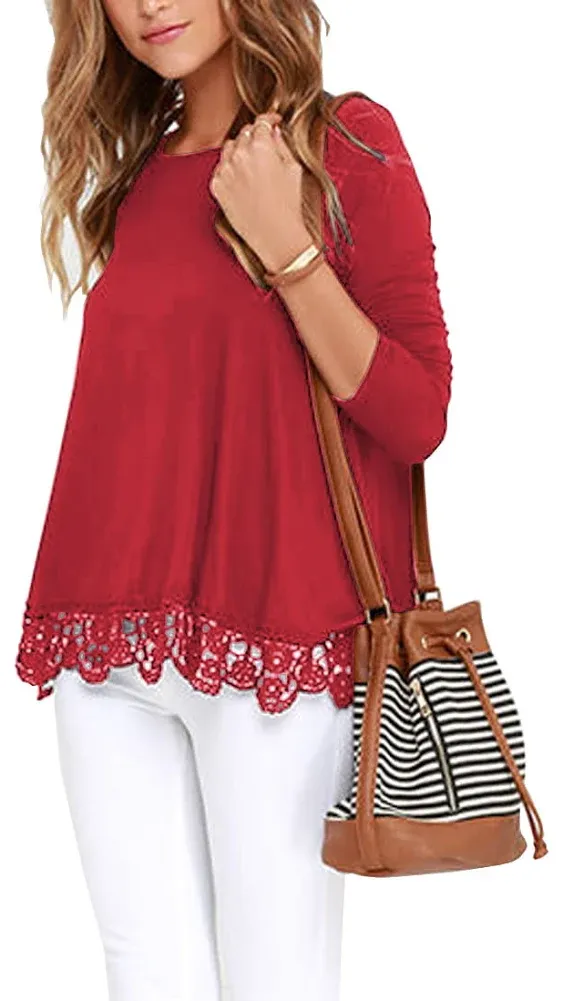 Jwd Women's Tops Long Sleeve Lace Trim O-Neck A Line Tunic Blouse Red-Large