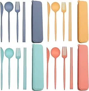 Plastic Travel Utensils, 4 Sets Camping Utensils Plastic Spoons and Forks Set Plastic Silverware, Portable Reusable Utensils Set with Case for Picnic, Travel, Camping