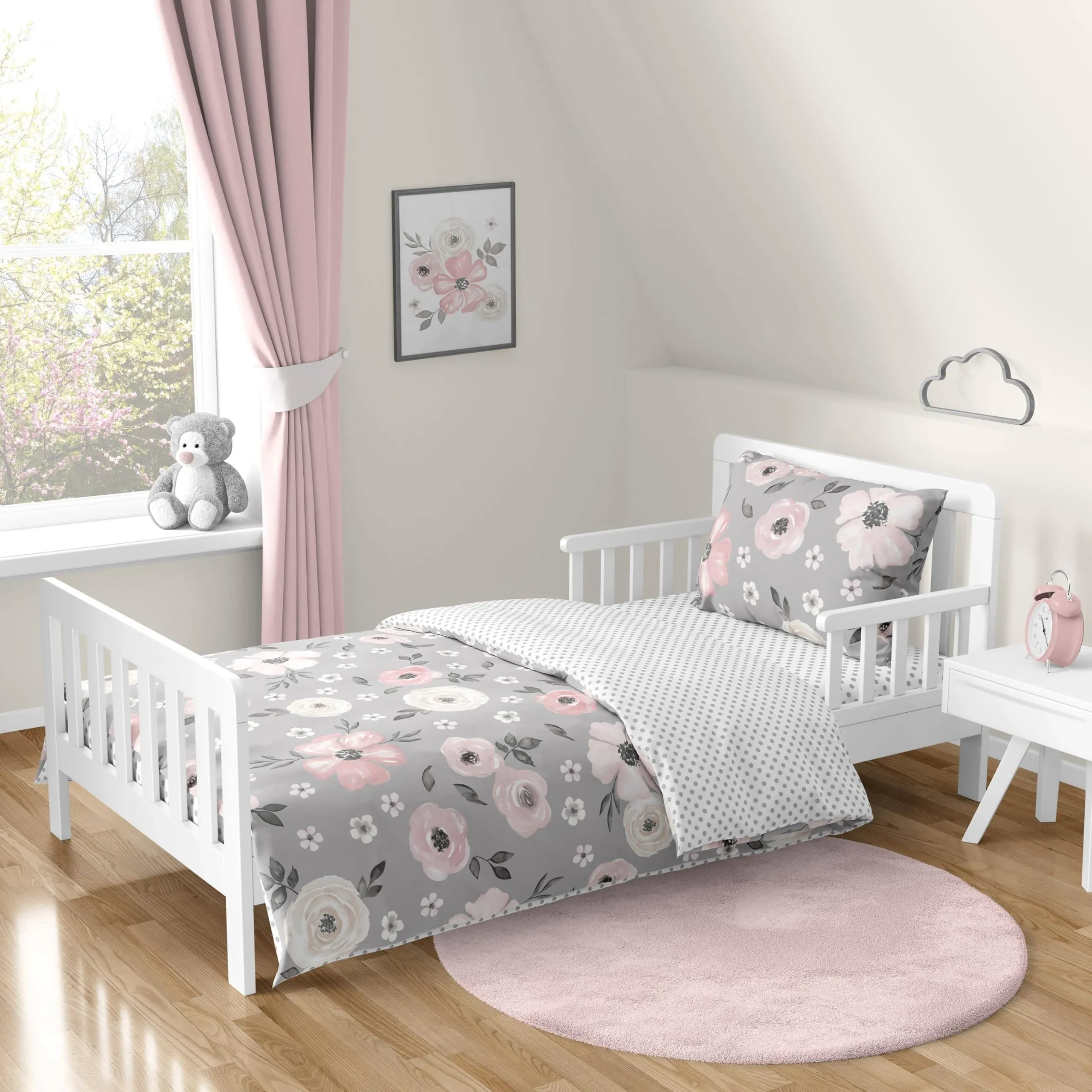 Sweet Jojo Designs Grey Watercolor Floral Girl Toddler Kid Childrens Comforter ...