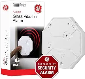 GE Personal Security Wireless Glass Vibration Alarm, Battery Operated, Detector Alarm with Security Warning Decal-DIY, Detects Glass Break & Vibration, Easy to Install, White, 36021