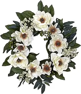 Nearly Natural 4793 22in. Magnolia Wreath,White