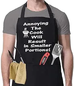 Funny BBQ Apron for Men, Annoying The Cook Will Result In Cotton Black Barbecue Aprons with 3 Large Pockets for Outdoor Grilling, Father’s Birthday/Christmas Day Gift