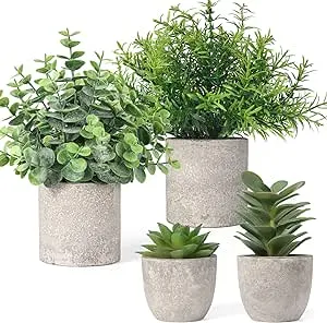 Set of 4 Fake Plant Indoor, Artificial Potted Eucalyptus Rosemary Mini Succulents Faux Plants in Paper Pulp Pots for Home Decor Living Room Bedroom Desktop Bookshelf Decoration