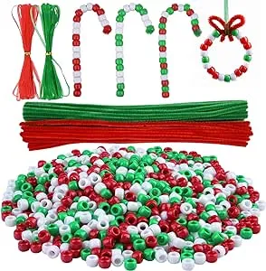 Livder Christmas Beaded Ornament Kit, Include 1000 Pieces Red Green White Plastic Beads, 60 Pieces Chenille Stems, 64 Feet Ribbon for Xmas Wreath Tree Decorations DIY Crafts Jewelry Making