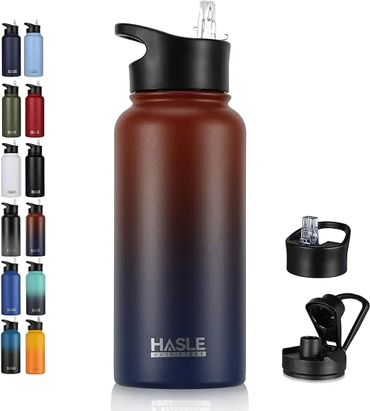 HASLE OUTFITTERS 32 oz Insulated Water Bottle Stainless Steel Double Walled Vacuum Sports Water Bottle with 2 Lids (Straw and Spout Lid) for Gym Camping Hiking（Blue,1)