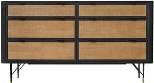 Armen Living Saratoga 6 Drawer Dresser in Black Acacia with Rattan, 61x18x33 inches