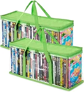 Stock Your Home DVD Storage Bags (Set of 2) Media Organizer Bag for DVDs, CDs, Blu Ray Disc, Movie Cases, VHS Box, Video Game Disks, Clear Plastic Holders with Carrying Handles and Zipper - Green