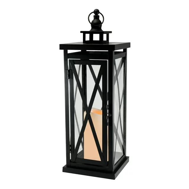 LumaBase Metal Lantern with LED Candle, Black Crisscross