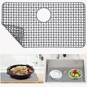 Silicone Sink Protectors for Kitchen Sink 28''x15'', Heat Resistant Kitchen Sink Mat for Bottom of Stainless Steel/Porcelain Sink, Rear Drain, 1PCS No-Slip Sink Grid Accessories(Grey)