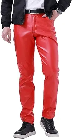 HAORUN Men Faux Leather Pants Slim Fit Stretch Casual Party Trousers Solid Color