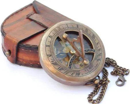 Beautiful Brass Antique Sundial Compass | Come with Leather Case | Push Open Compass with Chain | Antique Brass Finish