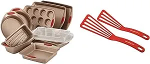 Rachael Ray Cucina Nonstick Bakeware Set Baking Cookie Sheets Cake Muffin Bread Pan, 10 Piece, Latte Brown with Cranberry Red Grips & KitchenTools and Gadgets Nylon Cooking Utensils, 2 Piece, Red