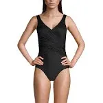 Lands' End Women's Plus Size Long SlenderSuit Tummy Control Chlorine Resistant V-Neck Wrap One Piece Swimsuit - 20W - Black