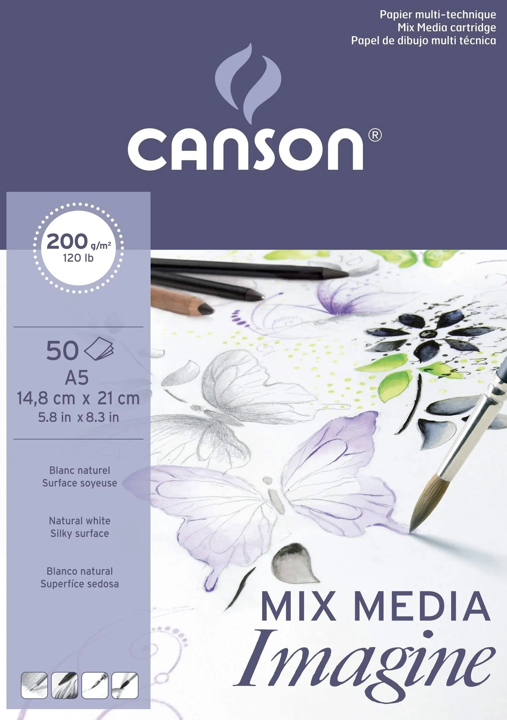 Canson Imagine Mixed Media 200gsm Paper, Natural White, A5 pad Including 50 Sheets