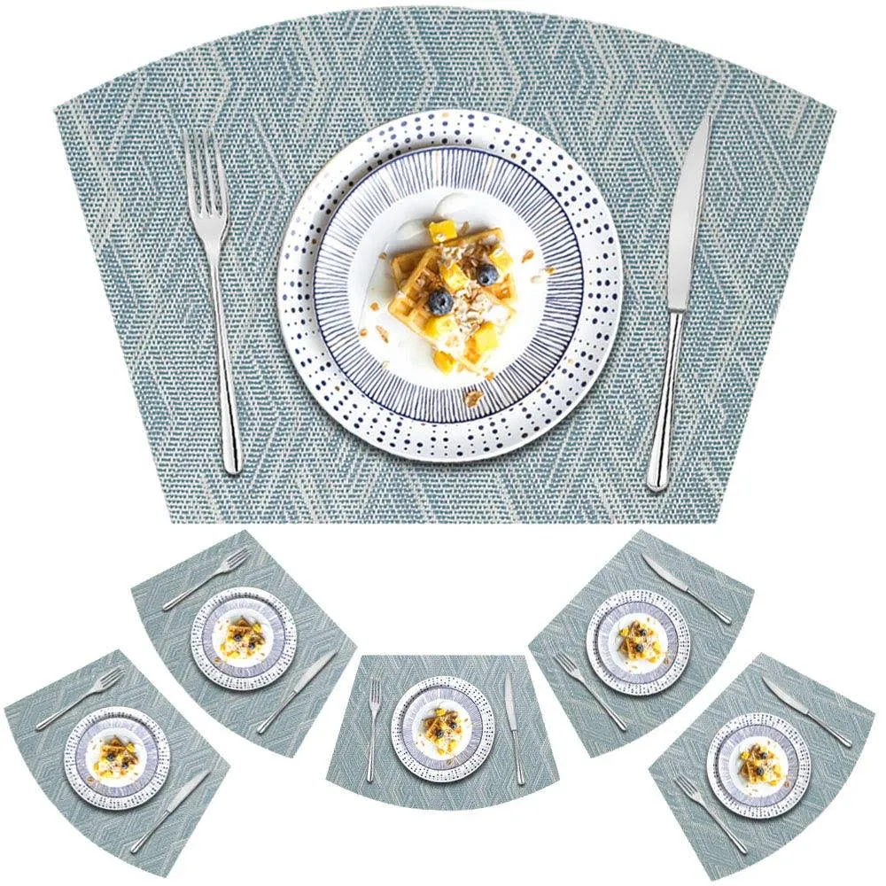 Kreatur Round Table Placemats Set of 6,Woven Vinyl Wedge Placemats Heat Resistant Table Mats Wipe Clean (Light Blue)