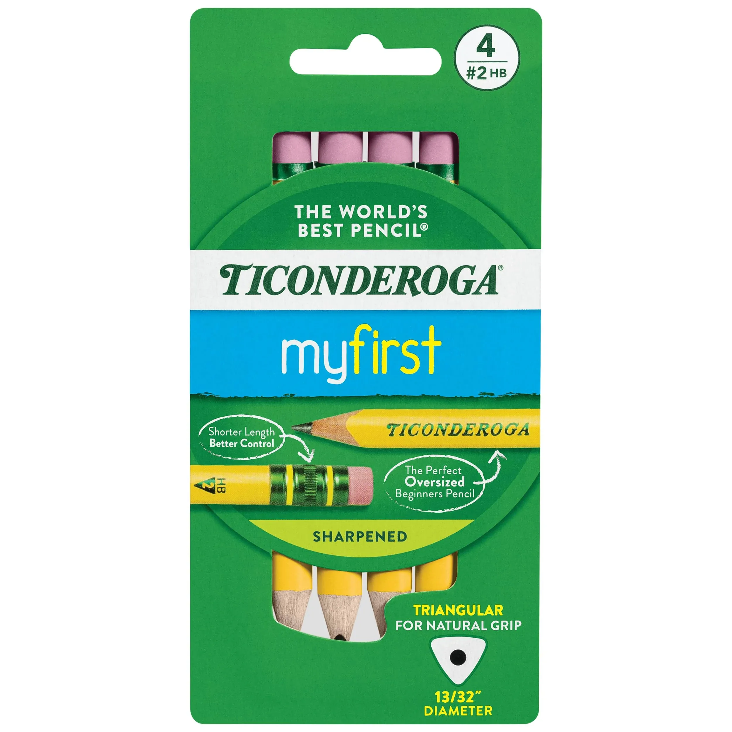 Ticonderoga My First Short Triangular Wood-Cased Pencils, 2 HB Soft, with Erasers, Yellow, 4 Count