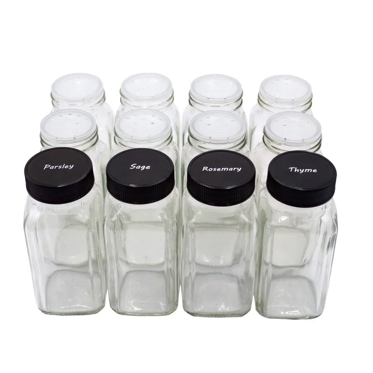 12 pieces of French Square Glass Spice Bottles 6 oz Spice Jars with Black Plastic Lids, Shaker Tops, and Labels by U-Pack