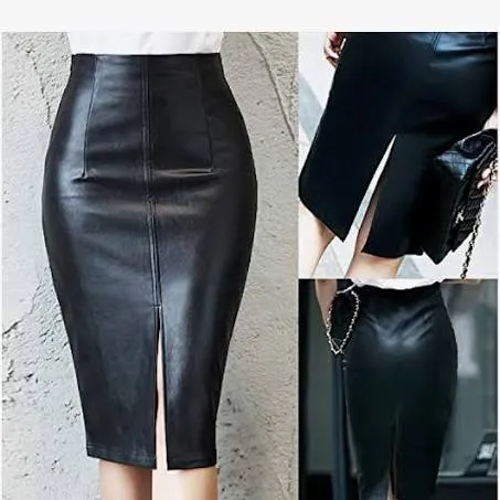 Faux Leather Pencil Skirt High Waist Split Lady&#x27;s Half Body Midi Hip Skirt