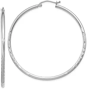 14K White Gold Satin & Diamond-Cut 2mm Round Hoop Earrings