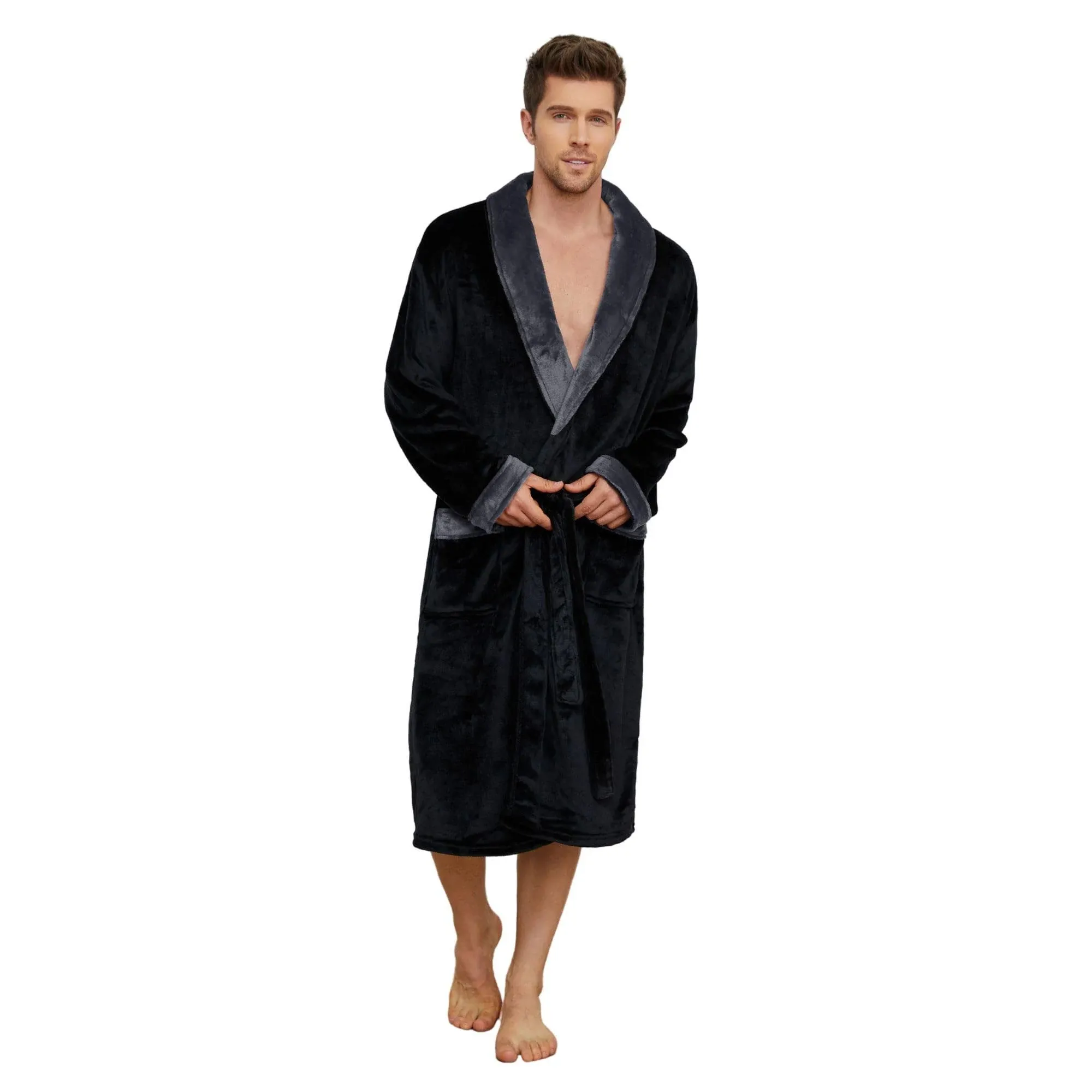 U2skiin Mens Fleece Robe Plush Collar Shawl Bathrobe(Black/Dark Grey,L/XL)