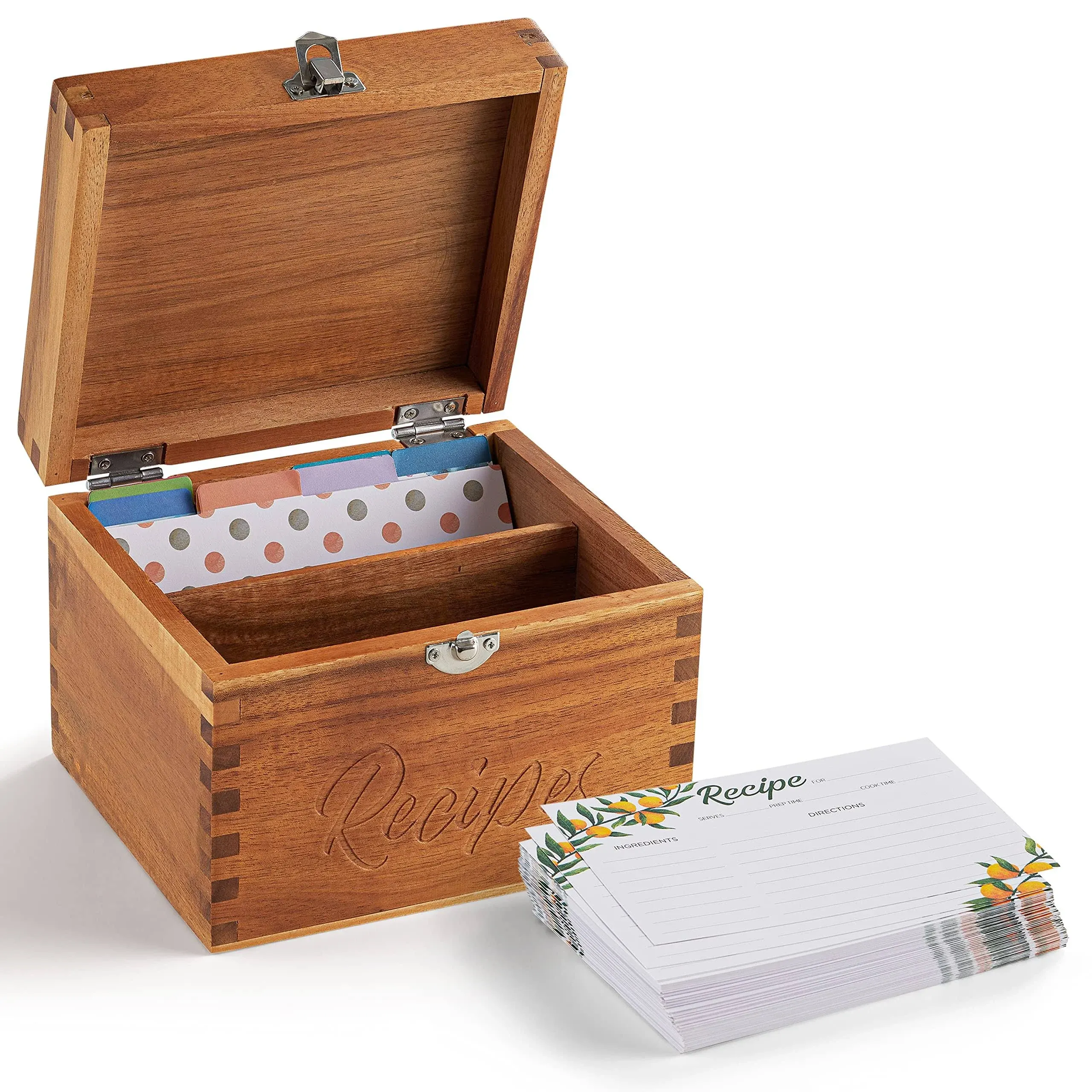 Tidita Acacia Wood Recipe Box with Cards - Blank Recipe Box Wooden Set Come with 100 4x6 Recipe Cards, 8 Dividers. Perfect Recipe Organizer (Acacia Wood)