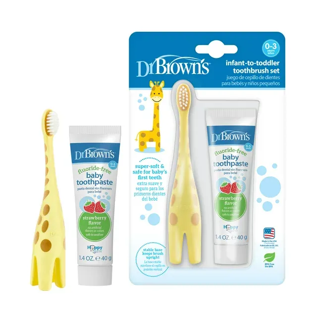 Dr. Brown's Infant-to-Toddler Training Toothbrush Set & Fluoride-Free Baby Toothpaste, Strawberry - Giraffe - 1.4oz - 0-3 Years