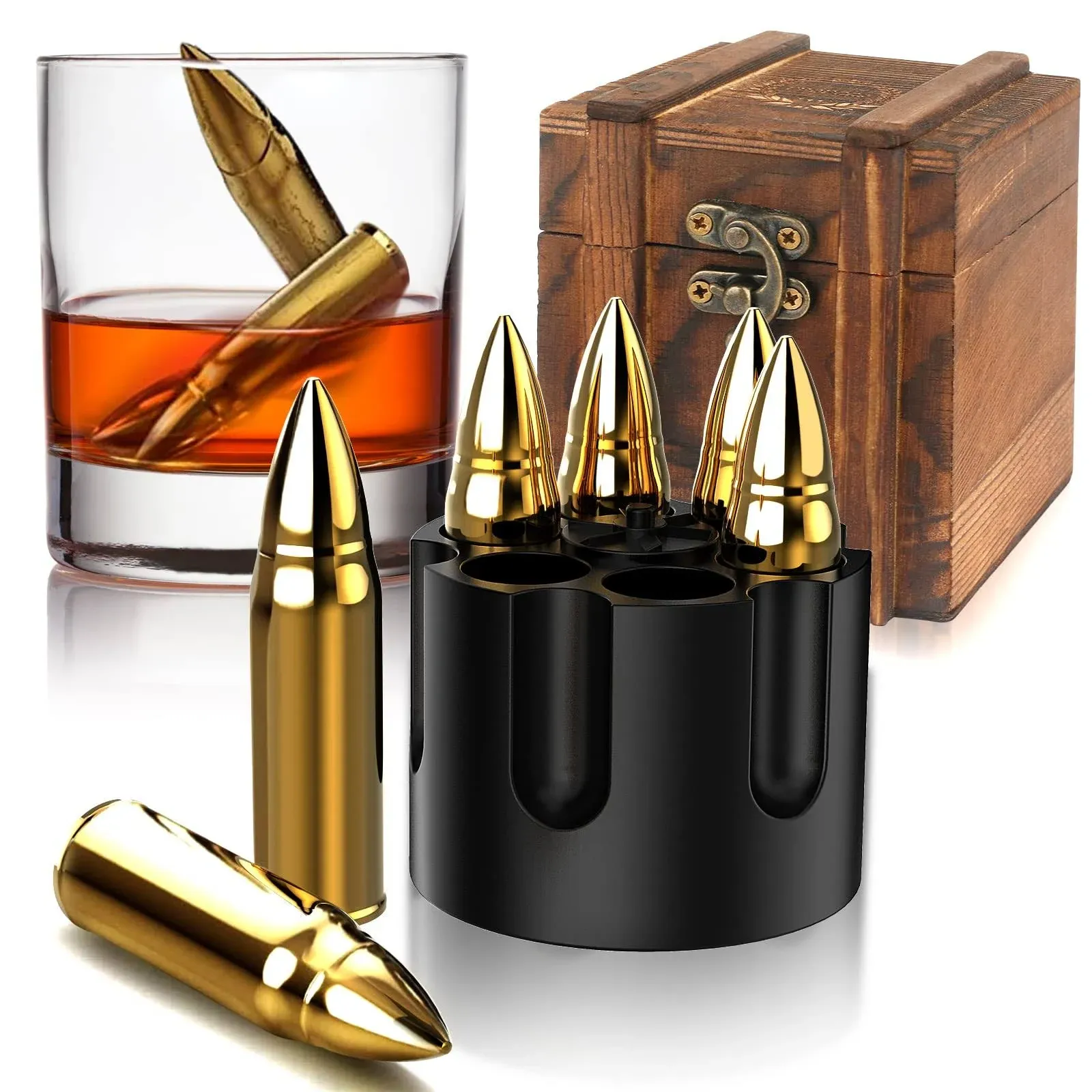 Bullet Whiskey Stones with Vintage Wooden Case, Stainless Steel Ice Cubes, Wh...