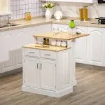 Kitchen Island with Storage Cabinet, 2-Level Rubber Wood Tabletop, Adjustable Shelves &amp; Drawers White