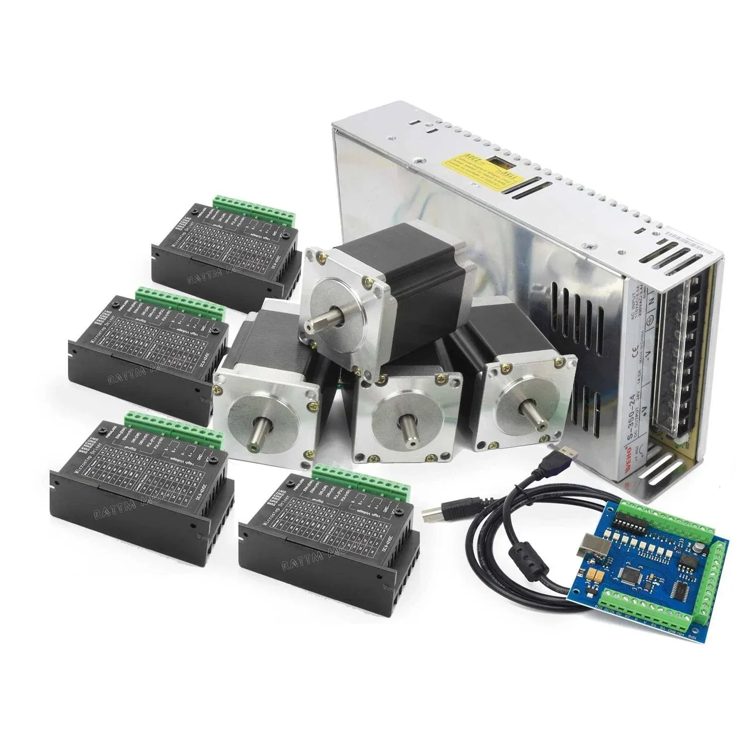 RATTMMOTOR 3 Axis CNC Controller Stepper Motor Kit, Nema23 Stepper Motor 270oz-in 3A Dual Shaft 23HS8430B, TB6600 Stepper Motor Driver, CNC Motion Control Board Mach3 USB Card, 24V Power Supply