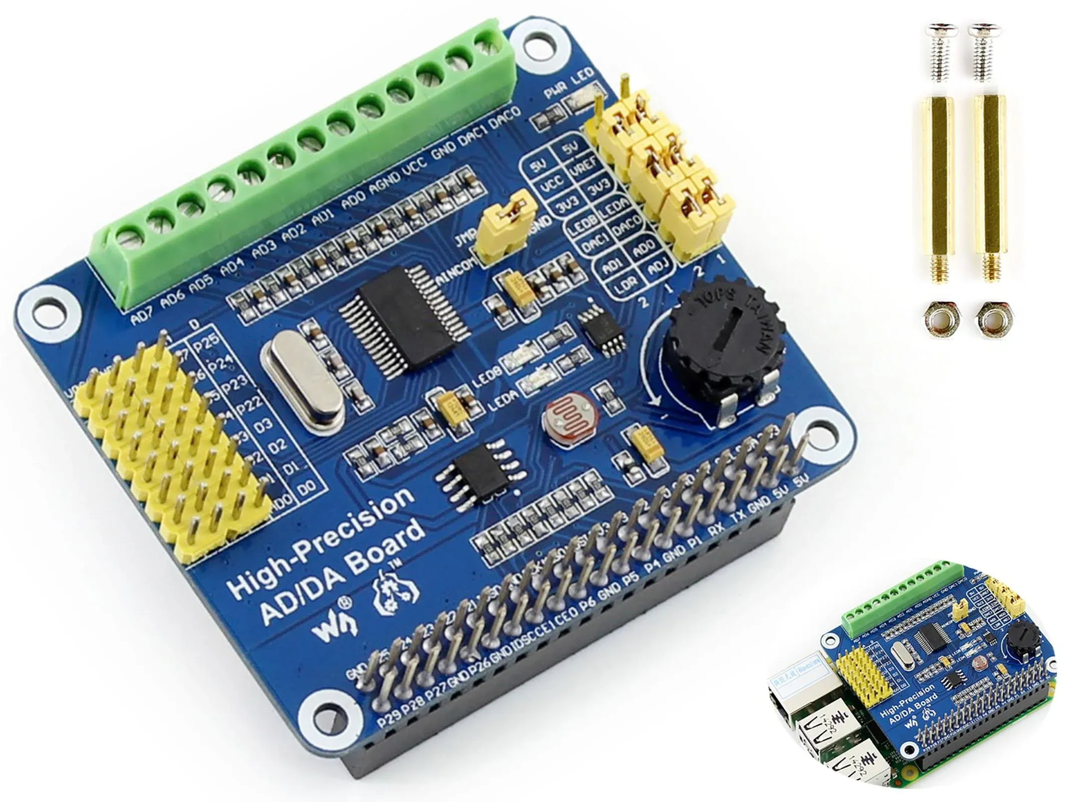 High-Precision AD/DA Expansion Board for Raspberry Pi 4B/3B+/3B/2B/Zero/W/Zero WH and Jetson Nano,Add High-Precision AD/DA Functions to Pi. Onboard ADS1256 8-CH 24bit ADC and DAC8532 2-CH 16bit DAC