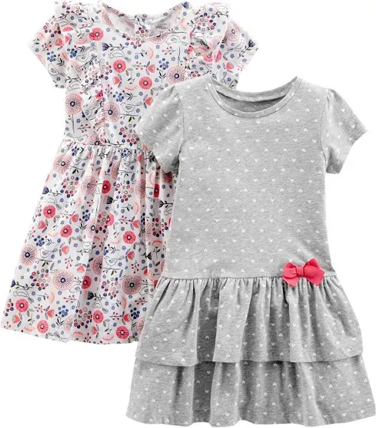 Simple Joys by Carter's Girls' Toddler 2-Pack Short-Sleeve and Sleeveless Dress Sets, Gray Dot/Floral, 2T