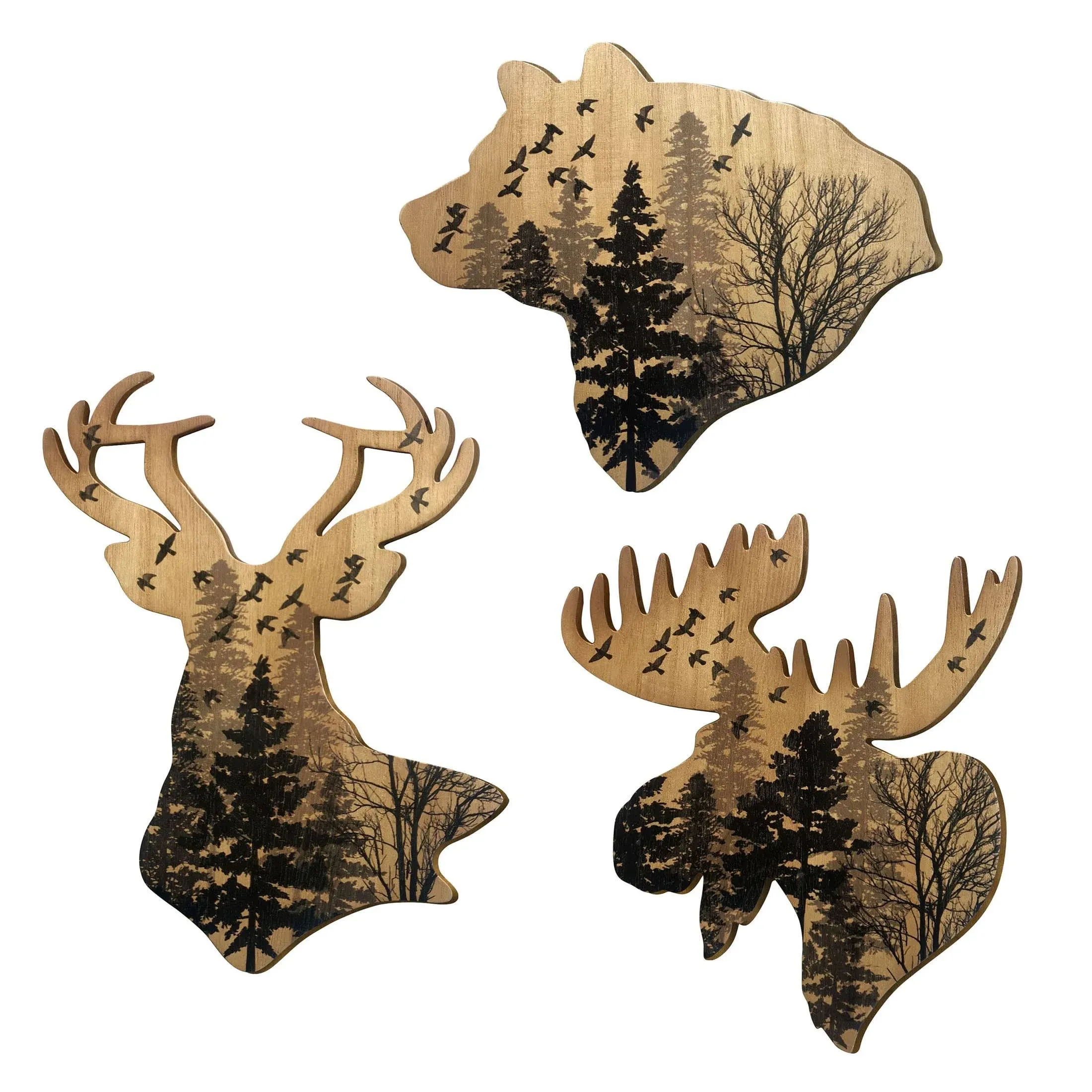 WAIU Wildlife Decor Wooden Wall Hanging Woodland Animals Wooden Rustic Lodge Decor Wall Art with Bear, Deer, and Elk (Set of 3) - Wooden Rustic Lodge Wall Decor and Art for Home, Living Room, Hunting Theme, Mountain Lodge, or Bathroom