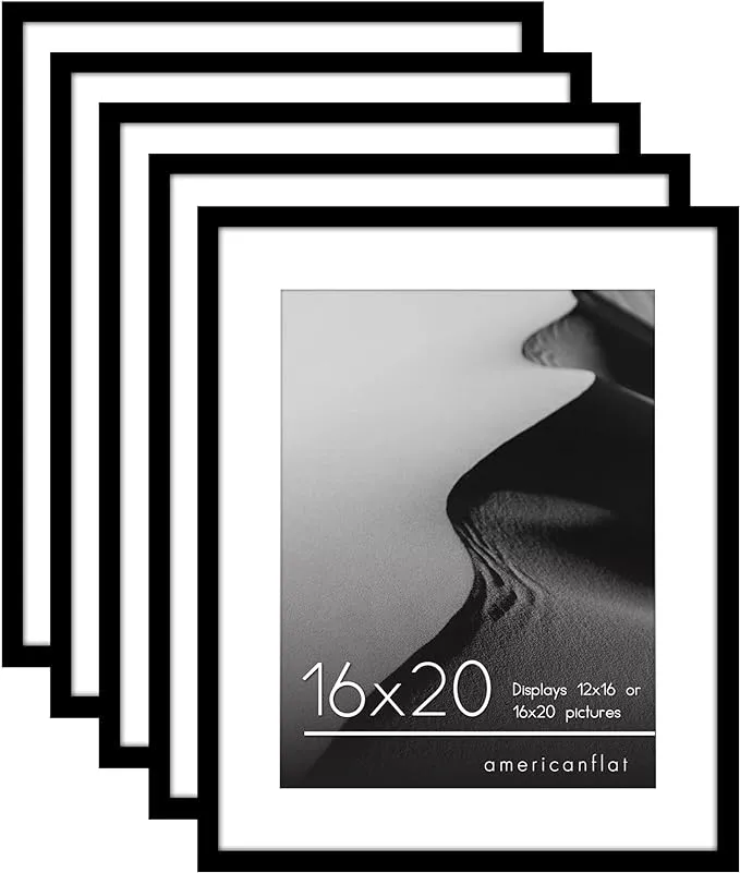 Americanflat 16x20 Picture Frame with Polished Plexiglass - Set of 5 - Use as 12x16 Frame with Mat or 16x20 Frame Without Mat - Galleria Collection - Gallery Wall Frame Set for Wall Display - Black