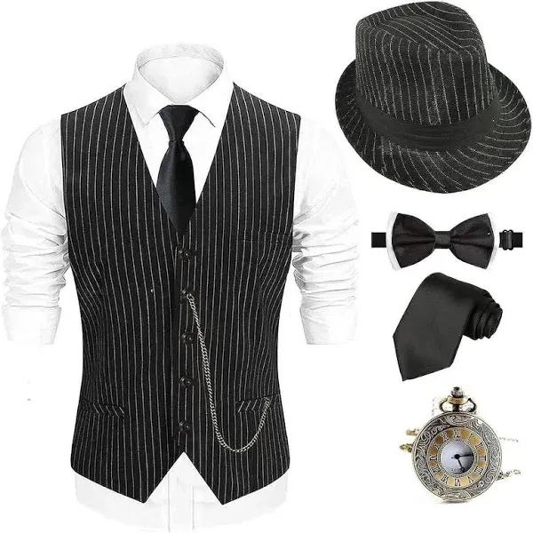 1920S Mens Costume Fedora Hat,Gatsby Gangster Vest,Vintage Pocket Watch,Pre Tied