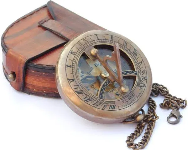 Compass Push Open Brass Sundial Compass -SteampunK with Leather Case and Chain