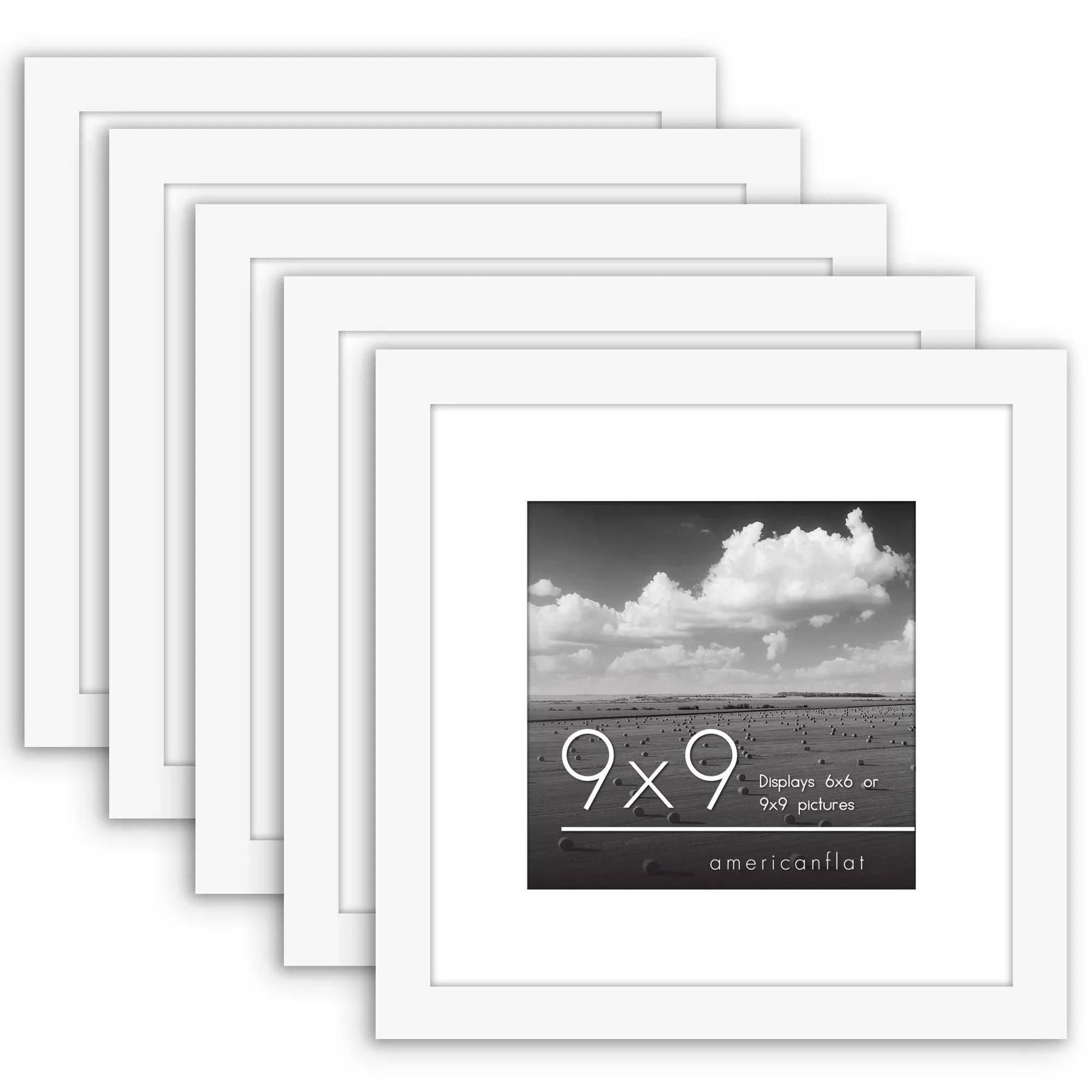 9x9 Picture Frame Set of 5 in White - Use as 6x6 Picture Frame with Mat or 9x...