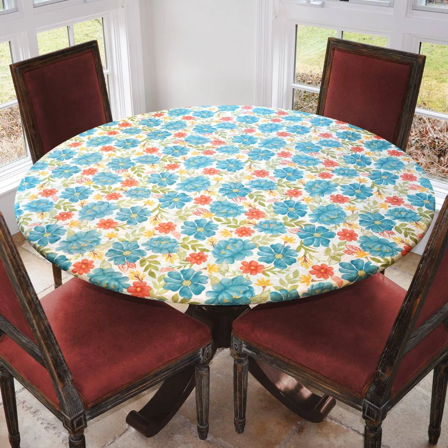 Covers for The Home Deluxe Elastic Edged Flannel Backed Vinyl Fitted Table Cover - Floral Pattern - Extra Large Round Oblong Oval - Fits Tables Up